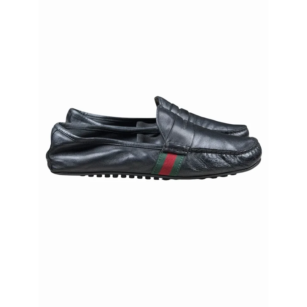 GUCCI Black Leather Web Accent Penny Slip On Loafers Men's Size 9 Made in Italy